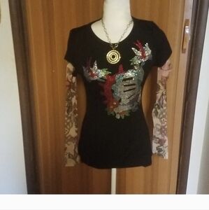 S TWELVE RHINESTONE TATTOO SLEEVE TSHIRT